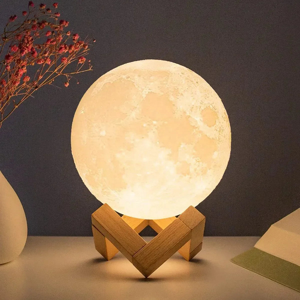 Moon Lamp LED Night Light Battery Powered With Stand Starry Lamp